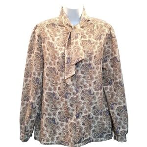 Career Blouse Vintage 70s Brown Paisley Tie Bow Long Sleeve Button Up